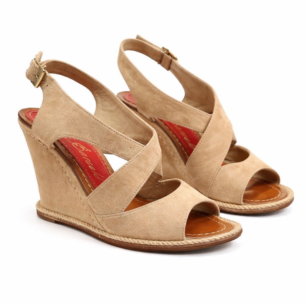 Revolve Paloma Barcelo Tan Suede Crisscross Wedge Round Toe Sandal